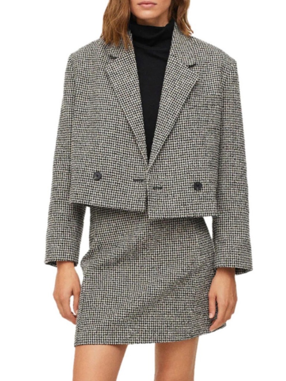 Black & white houndstooth textured matching suit set (blazer + skirt)